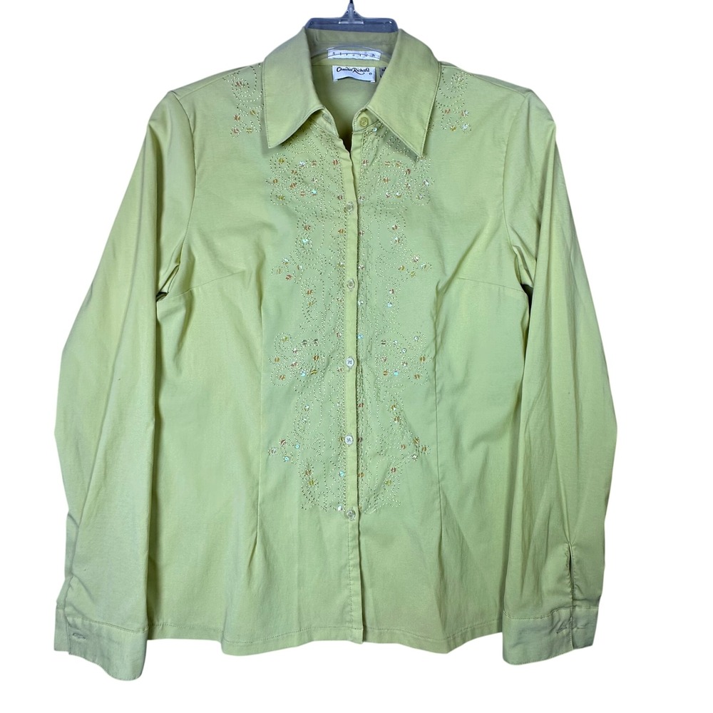 Claudia Richard Embroidered Sequin Button Down Shirt Y2K Pastel Small Green